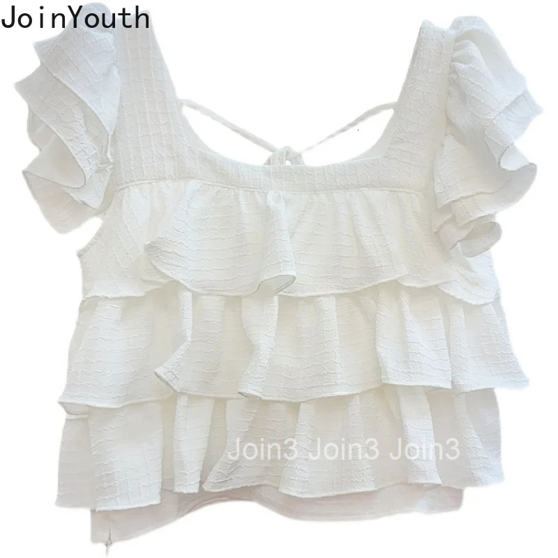 Sweet Crop Tops Summer Chiffon Blouses 2025 Womens Clothing Flying Sleeve Ruffles Fashion Loose Blouse Shirts Camisas De Mujer