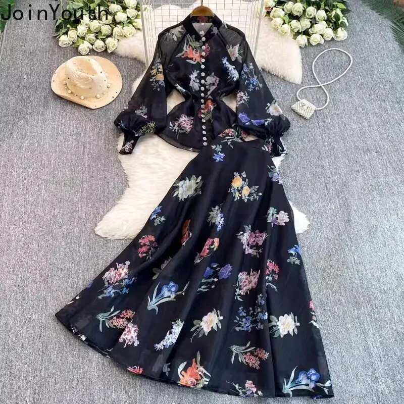 Floral 2 Piece Sets Womens Clothing Long Sleeve Single Breasted Blouse High Waist A-line Skirt Outfits Vintage Chic Korean Suit