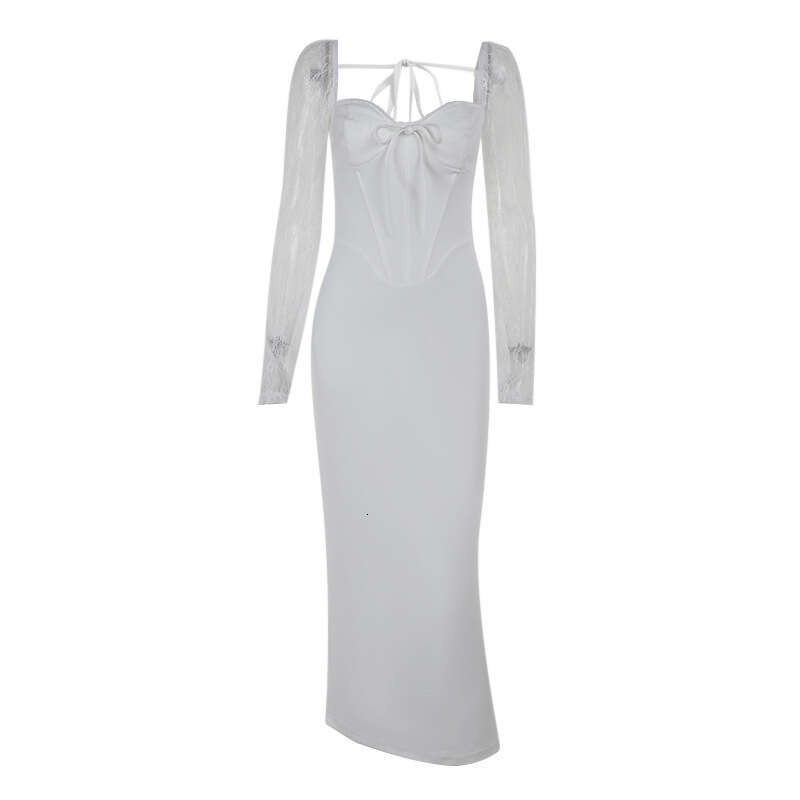 White Skirt Maxi Skirt Fashion Sexy Strapless Lace Long Sleeve Patchwork Waist Cinching Bodycon Dress For Women Long Skirt