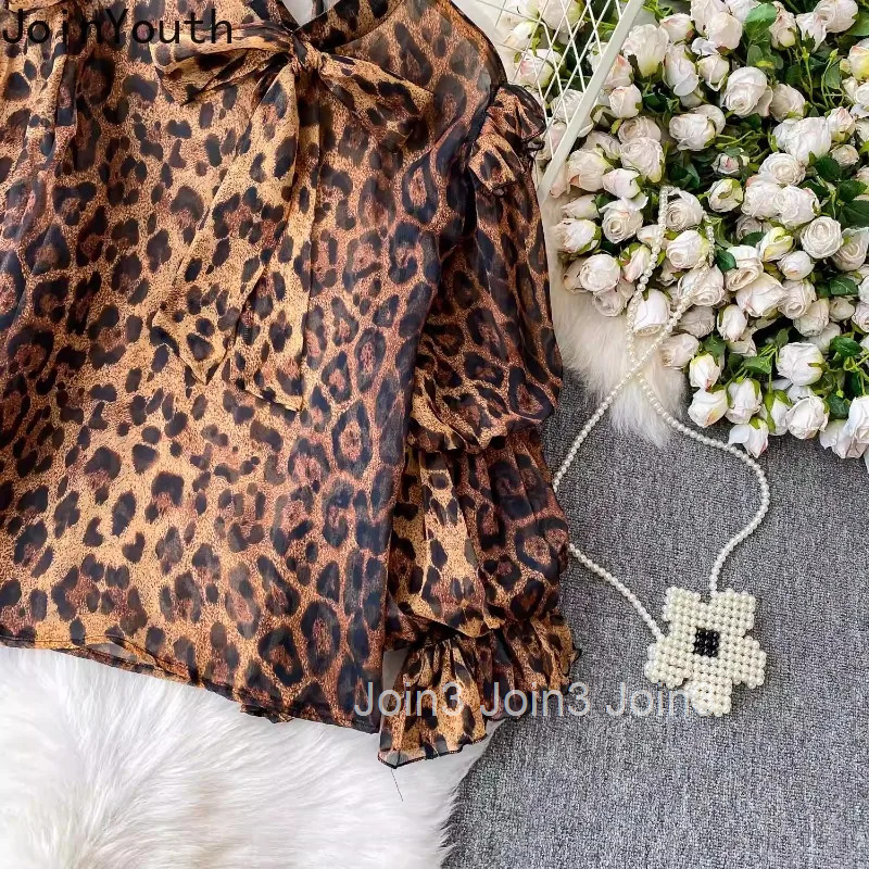 Sexy Leopard Print Shirts Womens Clothing Temperament Tops Lantern Sleeve Blouses Stand Neck Bandage Summer Camisas De Mujer