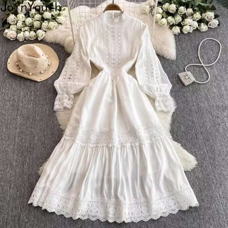 Korean Dress for Women 2025 Vestidos De Mujer Patchwork Lace Hollow Out Dresses Slim Waist Lantern Sleeve Temperament Robe Femme