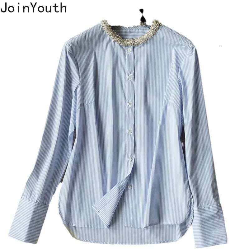 Women Clothing Striped Shirt Heavy Beading O-neck Long Sleeve Blouses Temperament Tops Loose Fashion Blouse Camisas De Mujer