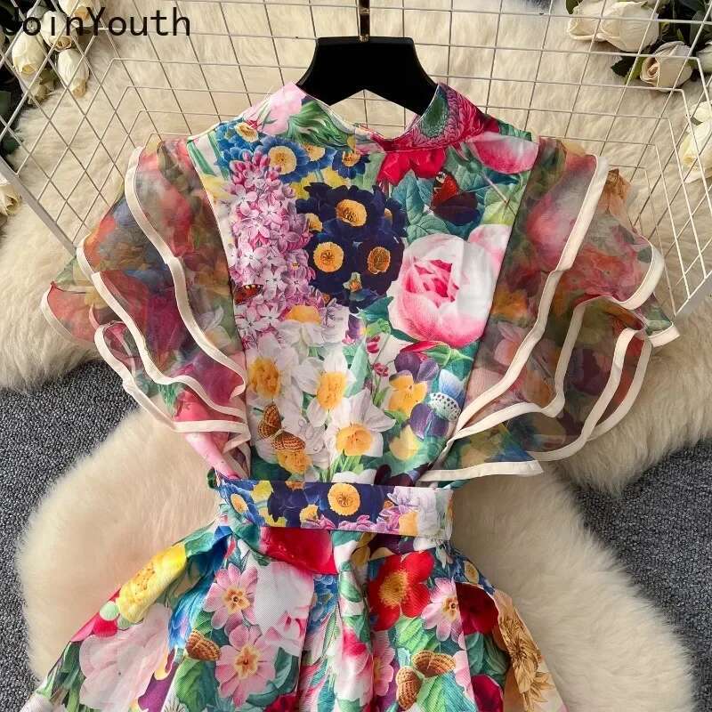 Elegant Woman Dress V-neck Bandage Tunic Robe Femme Women Clothing 2025 Vestidos De Mujer Floral Big Swing Gauze Summer Dresses
