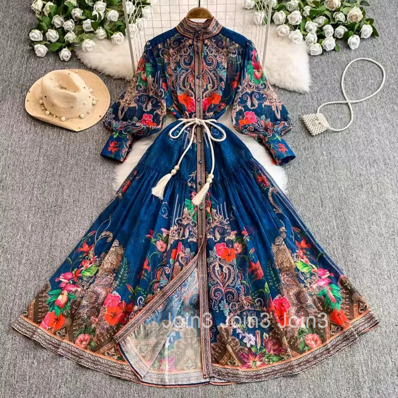 Elegant Pleated Woman Dress Women Clothing Stand Neck Lantern Sleeve Slim Waist Print Robe Femme Big Swing Vintage Maxi Dresses