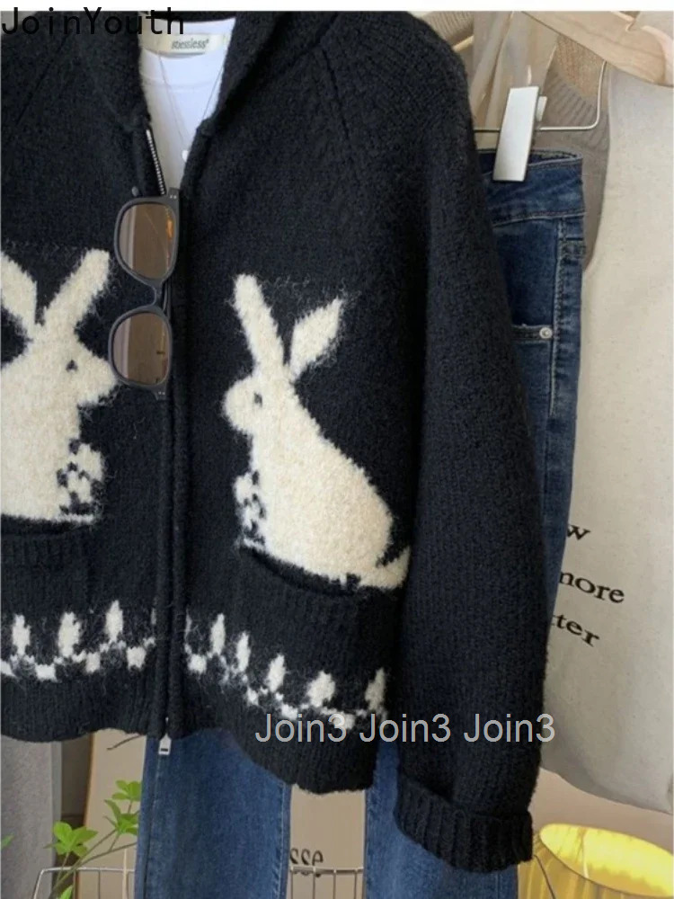 Rabbit Print Black Cardigan Women Thicked Casual Pull Femme Korean Fashion Sueter Mujer Hooded Zipper Knitted Sweater Jackets