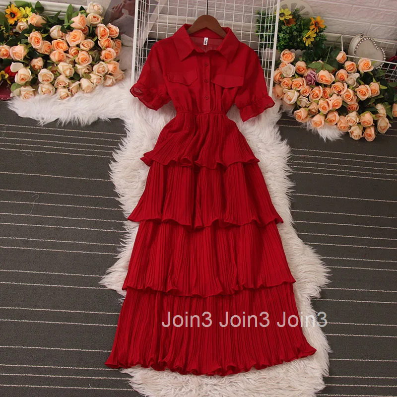 Vintage Woman Dress 2025 Vestidos De Mujer Short Sleeve Tunic Slim Waist Pleated Maxi Dresses Chic Summer Temperament Robe Femme