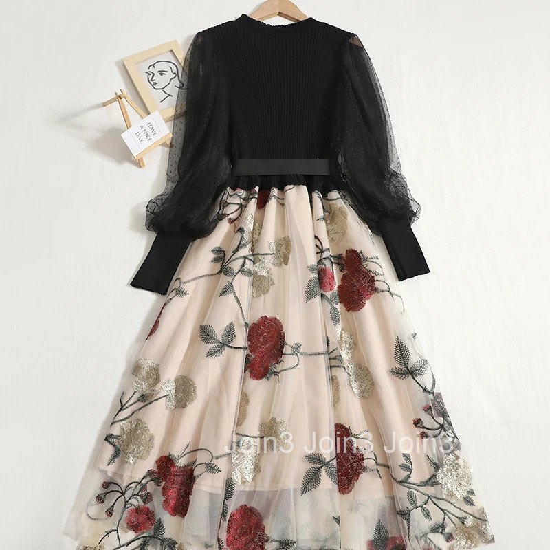 Korean Temperament Robe Femme O-neck Bandage Bow Dresses 2025 Vestidos De Mujer Gauze Embroidery Floral Vintage A-line Dress