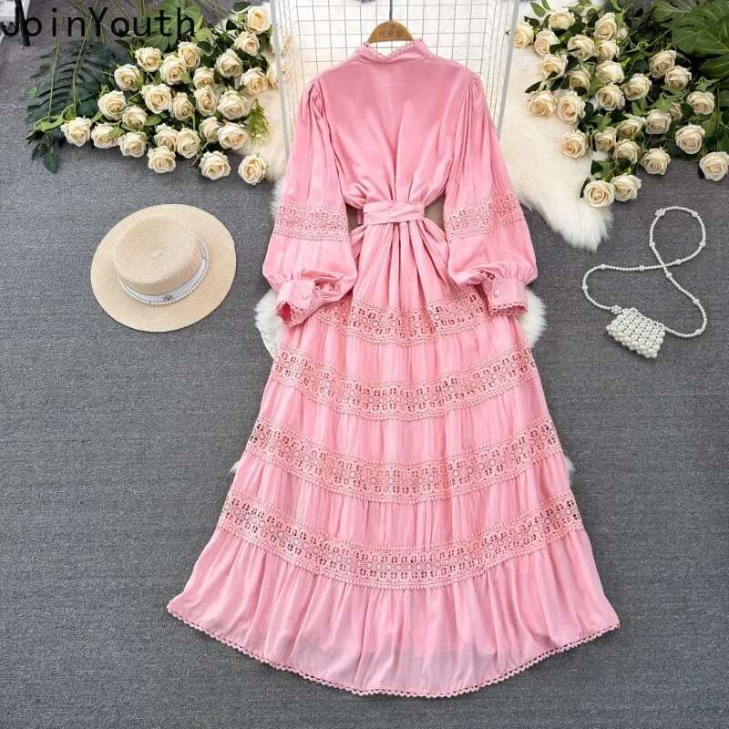 2025 Vestidos De Mujer Elegant Dresses for Women Slim Waist Lantern Sleeve Big Swing Robe Femme Patchwork Lace Maxi Dress 63c585