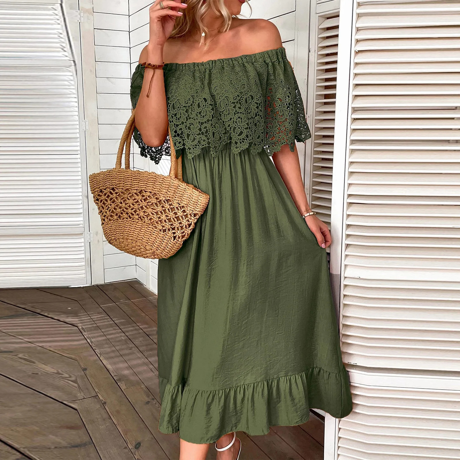 Womens elegant off shoulder long dresses with lace crochet sleeves Maxi ruffle hem summer sasual dress vacation sundresses 250616