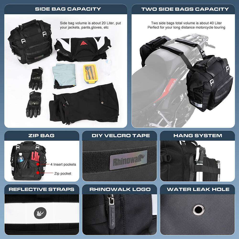 Rhinowalk Motorcycle Side Fully Waterproof Inside 20L Expand 30L Universal Hook Saddle Bag With Removable Motorbike Lage
