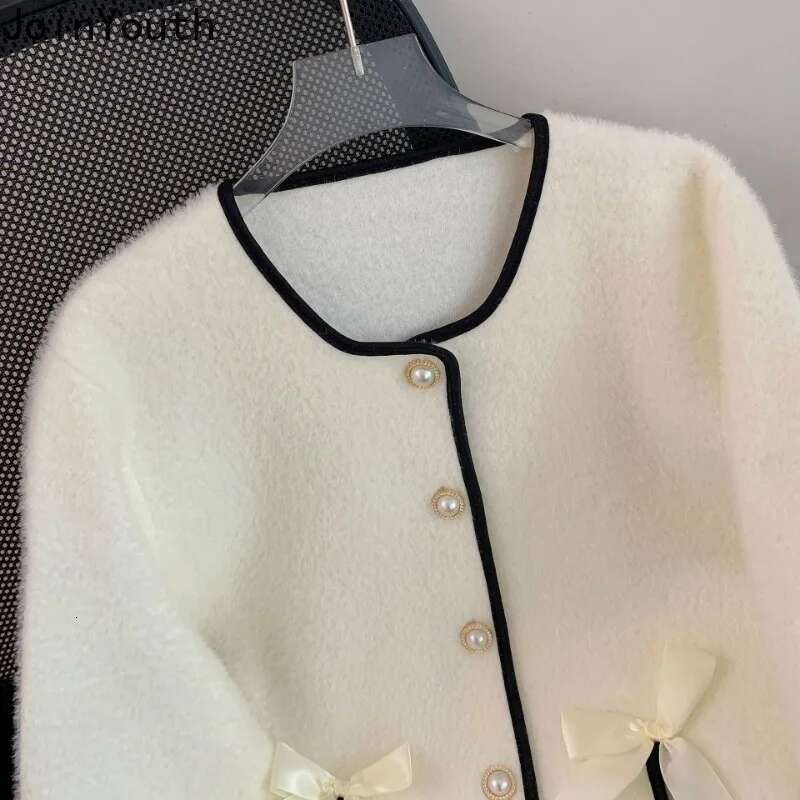 Knitwear Women Cardigan Coat O-neck Long Sleeve Sweet Bow Sueter Mujer Fashion Korean Pull Femme Temperament Cropped Sweater