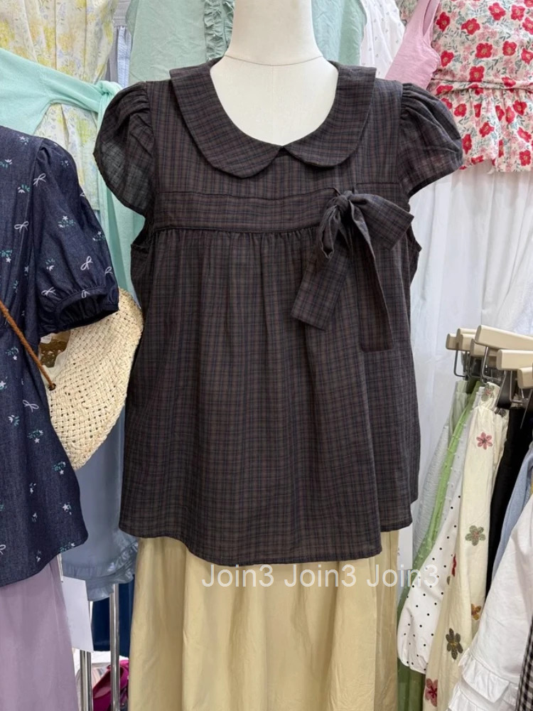 Korean Shirts for Women Loose Bow Turndown Collar Short Sleeve Blouses 2025 Camisas De Mujer Summer Vintage Plaid Blouse Tops