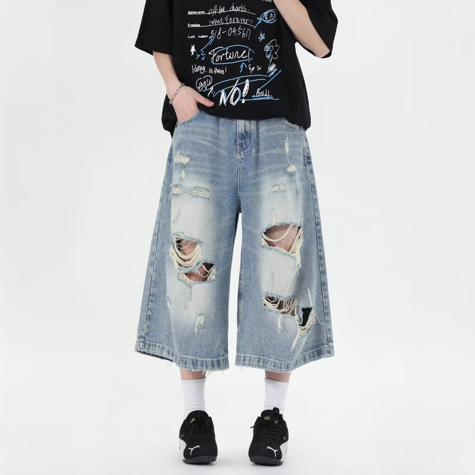 DM Ripped Mens Denim Shorts American Style High Street Loose Straight-leg Men Casual Pants Fashionable clothes 250618