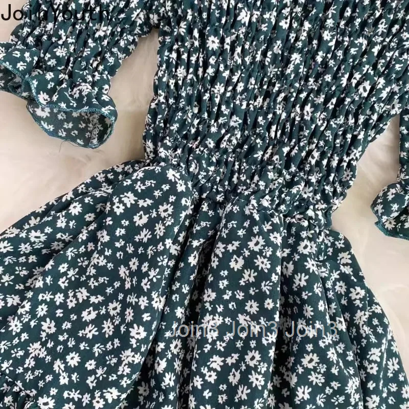 Summer Woman Dress Vestidos De Mujer Slim Waist Short Sleeve Big Swing Robe Femme Slash Neck Folds Floral Chiffon Maxi Dresses