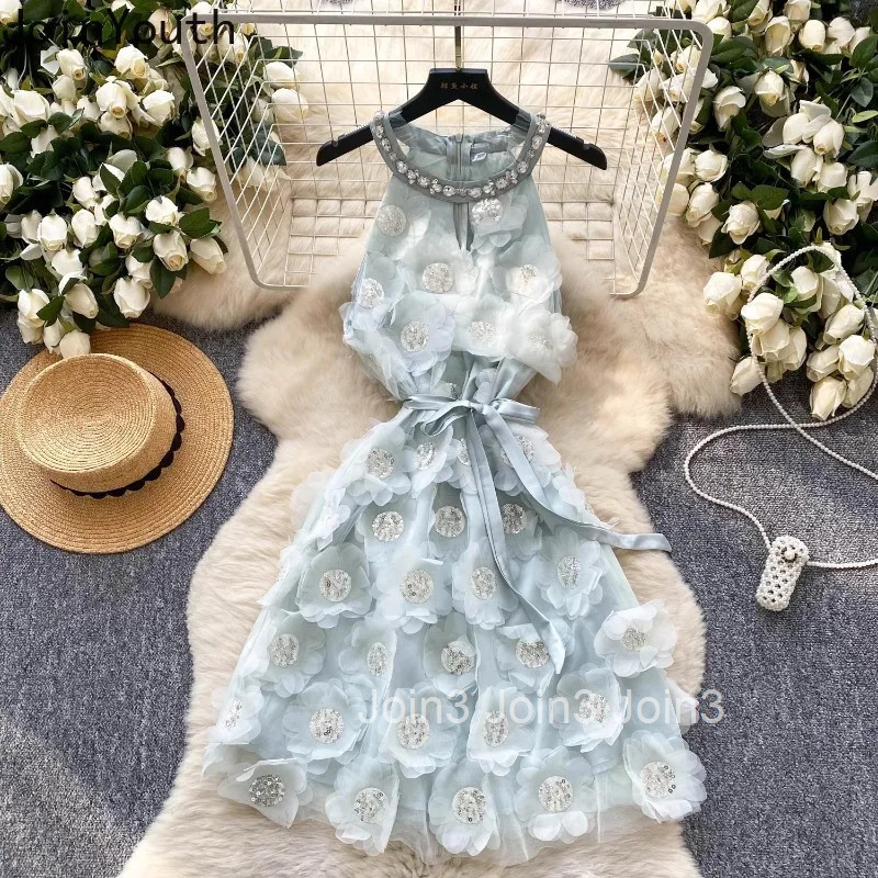 Fashion Secy Womens Dress Chic Diamond Slim Waist Robe Femme 2025 Vestidos De Mujer 3D Floral Sleeveless Summer Mini Dresses