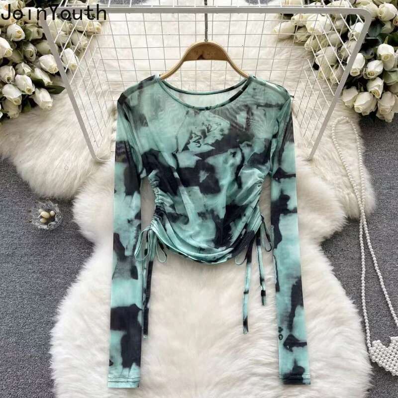 Shirts for Women Korean Vintage T Shirt Tie-dye Fashion Tees Long Sleeve Drawstring Summer T-shirt Crop Tops 2025 Ropa Mujer