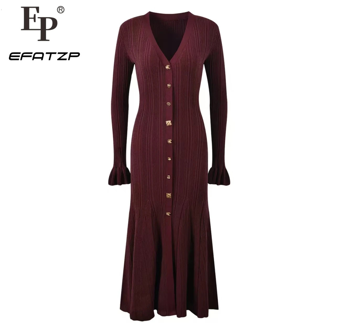Knitted Mid-Length Dress Women Long Sleeve Ribbed Party Dresses Elegant Lady Knitwear 5240175 250617