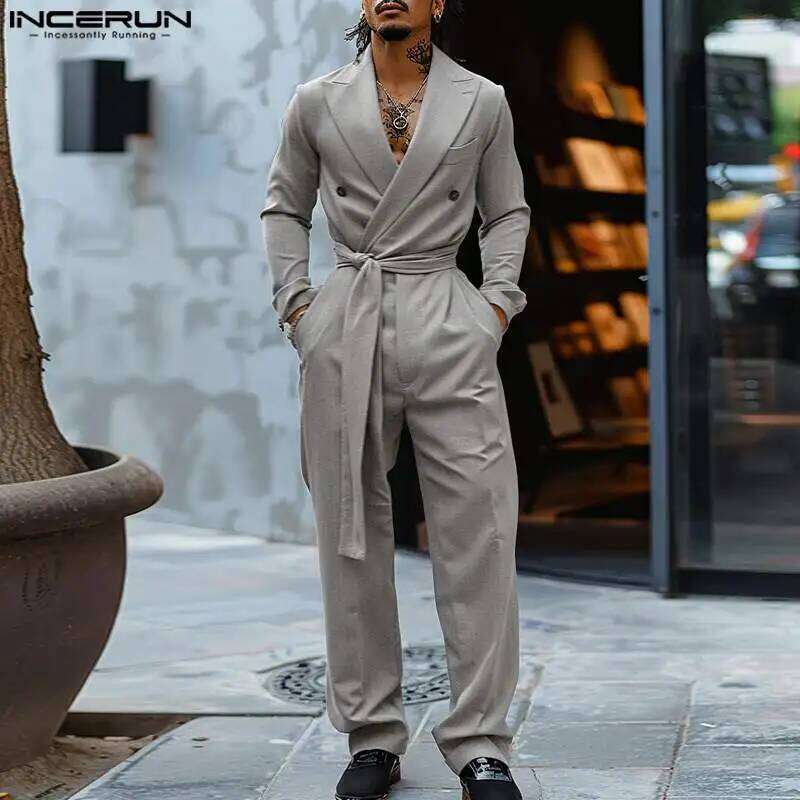 INCERUN 2024 American Style Fashion Jumpsuit Men's Suit Neck Double Breasted Jumpsuits Long Sleeved Casual Rompers S-5Xl