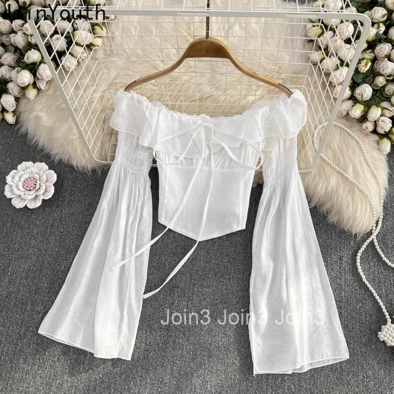 Crop Tops Solid Color Sexy Blouses Womens Clothing 2025 Blusas Mujer De Moda Slash Neck Flare Sleeve Bandage Chic Blouse Shirts