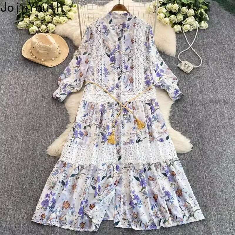 Floral Dress for Women Lace Stand Neck Single Breasted Slim Waist Robe Femme 2025 Vestidos De Mujer Vintage Summer Maxi Dresses