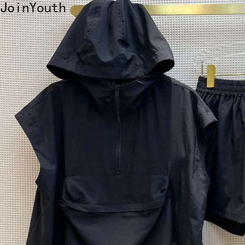 Oversized Womens Clothing Two Piece Sets Sleeveless Hooded Tops High Waist Casual Shorts Suit Roupas Femme Summer Chic Y2k Set