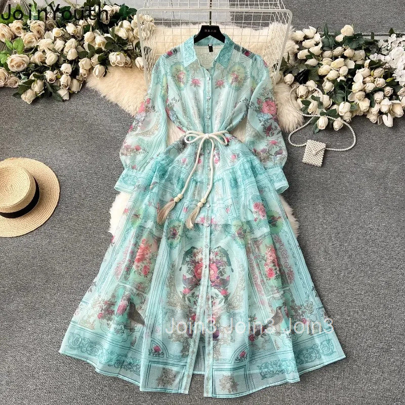 Summer Maxi Dresses Women Clothing Vintage Floral Robe Femme 2025 Vestidos De Mujer High Waist Tunic Chiffon Temperament Dress