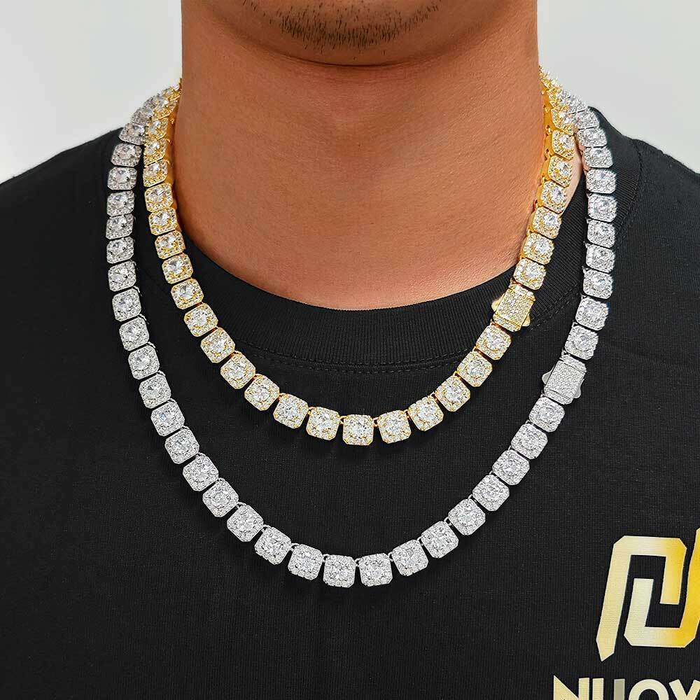 10mm Spring Clasp Square Ice Sugar Chain Zircon Trendy Brand Hip Hop Men's Necklace bc41