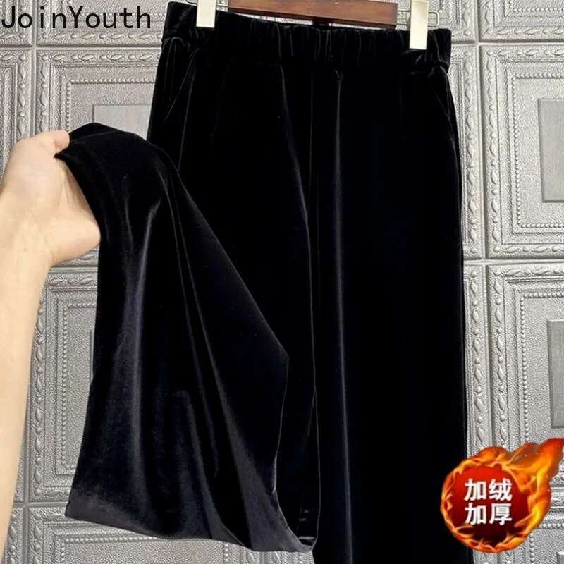 Korean Wide Leg Pants for Women High Waist Tunic Loose Trousers 2025 New Bottoms Vintage Straight Velvet Black Pantalon Femme