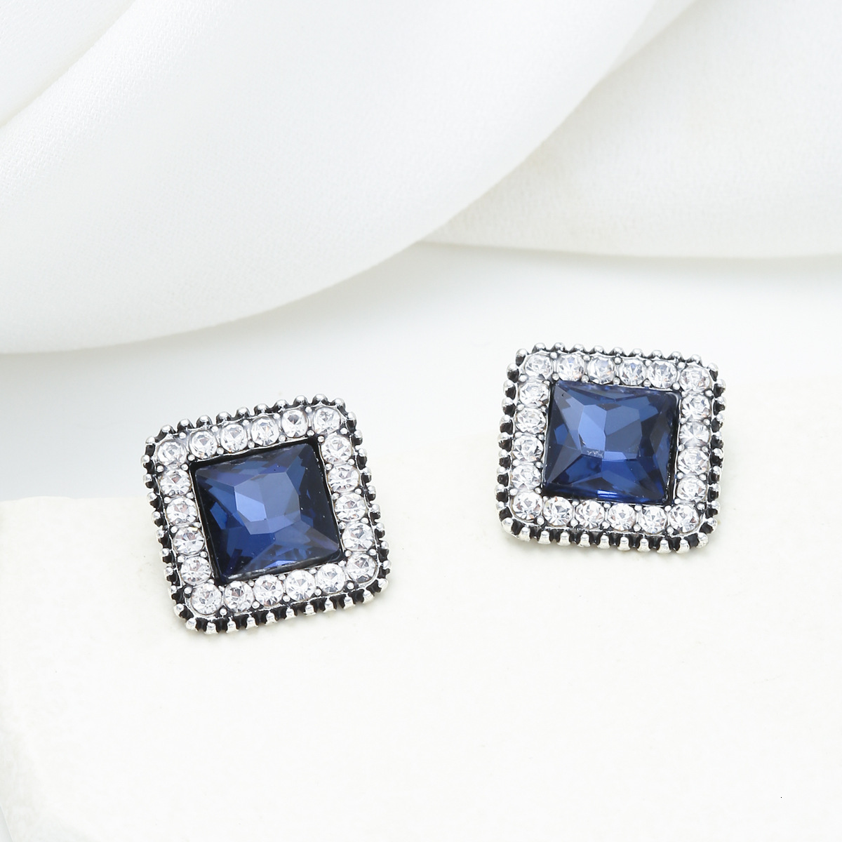 Square Earrings Korean Style Inlaid Blue Zircon Studs Elegant High-End Full Ear Jewelry