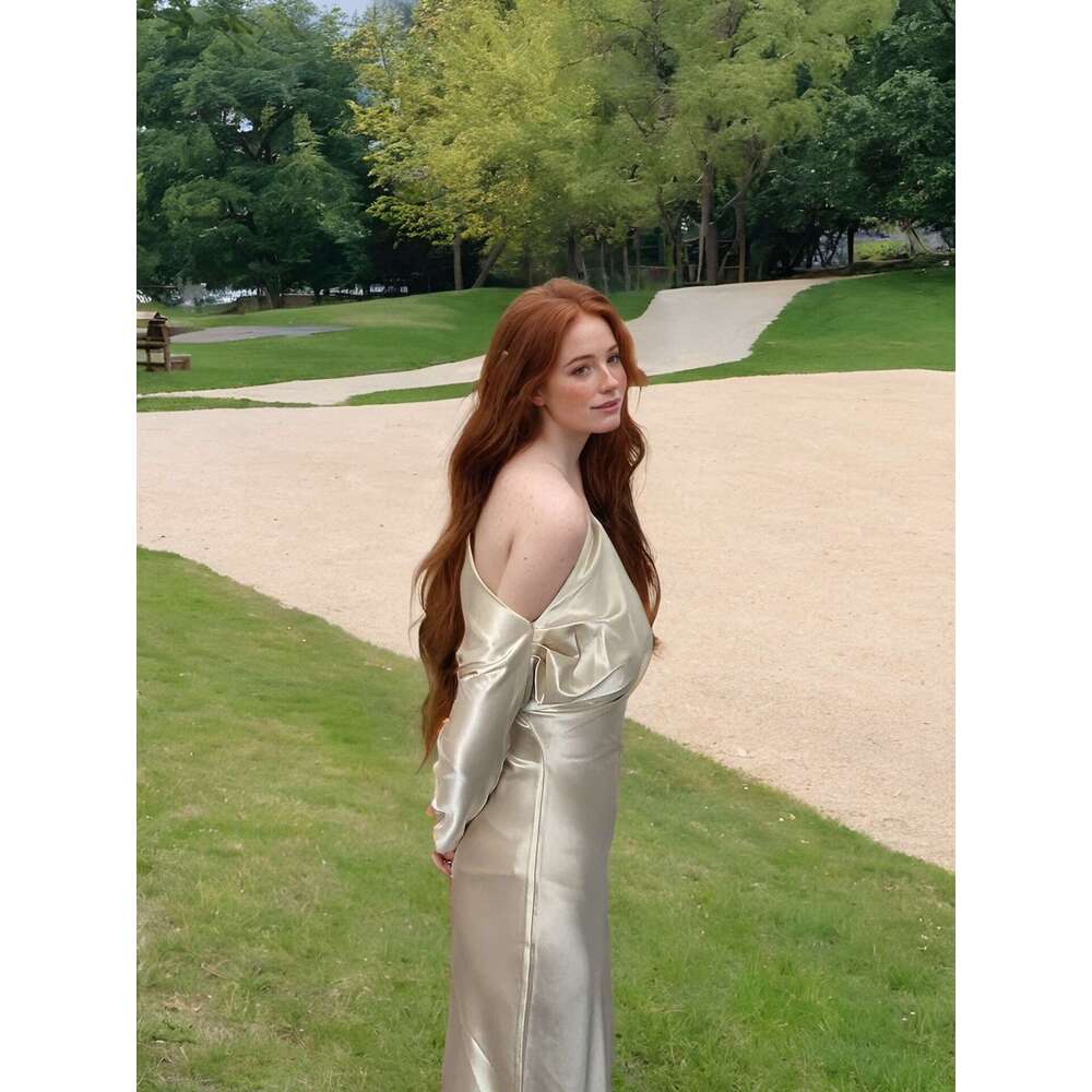 White Skirt Maxi Skirt Asymmetric Shoulder Triacetate Solid Color Off Shoulder Dress Long Sleeve Elegant Long Skirt