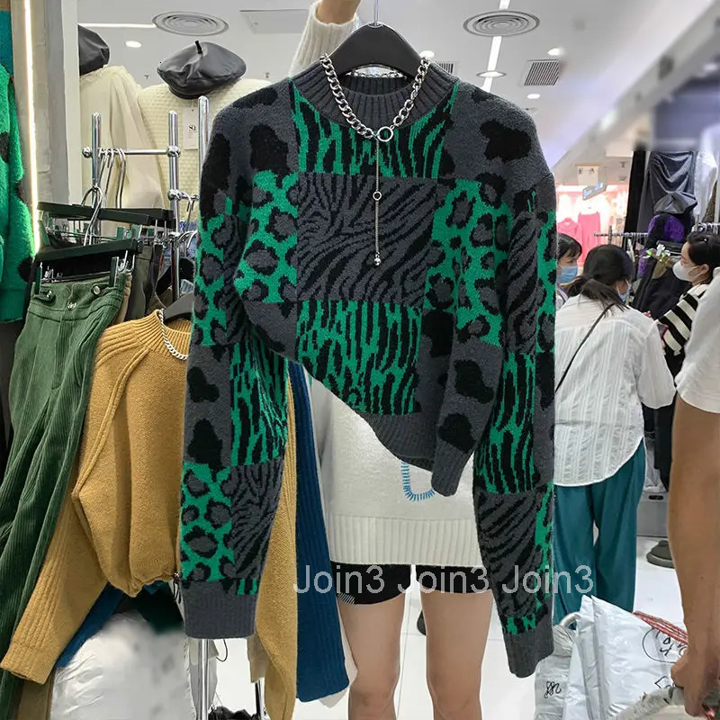 2025 Fall Clothing Pullovers Fashion Tops for Women Vintage Leopard Print Knit Sweaters Korean Loose Jumper Sueter De Mujer