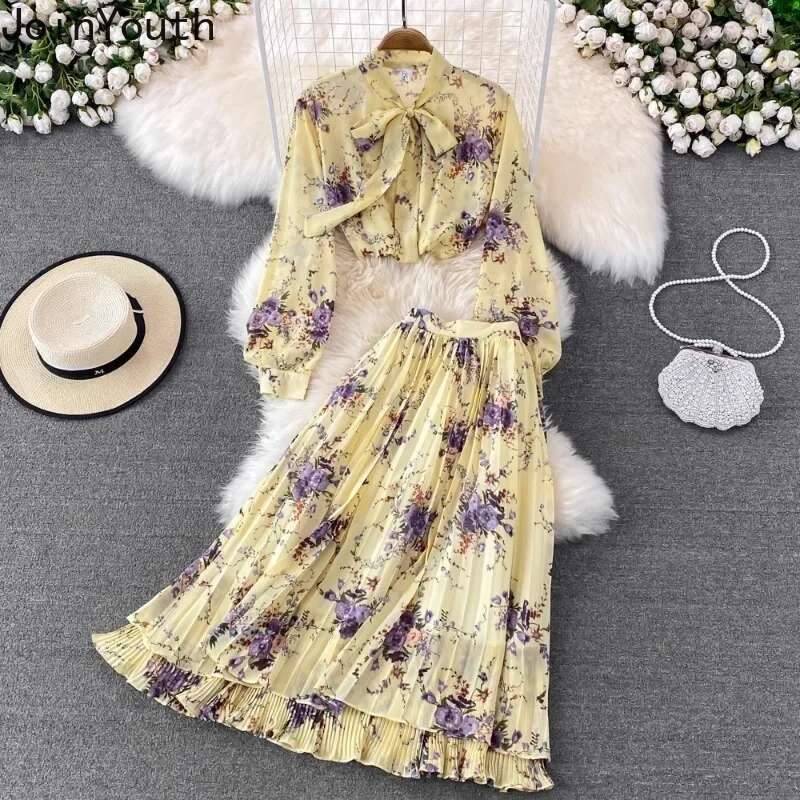 Skirt Outfits Women Clothing 2 Piece Sets Bandage Bow Long Sleeve Shirt High Waist Pleated Skirt Suit Fashion Floral Chiffon Set