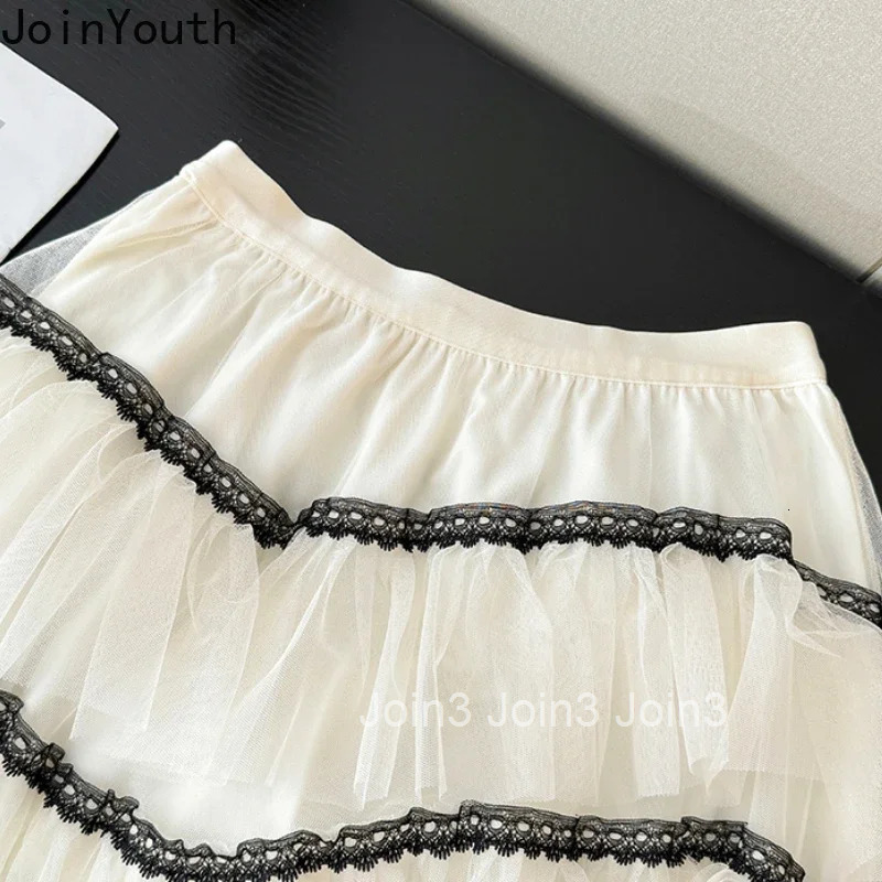 Sweet Summer Long Skirts Women 2025 Faldas Mujer De Moda High Waist A-line Jupe Ruffles Folds Skirts Patchwork Gauze Korean Saia