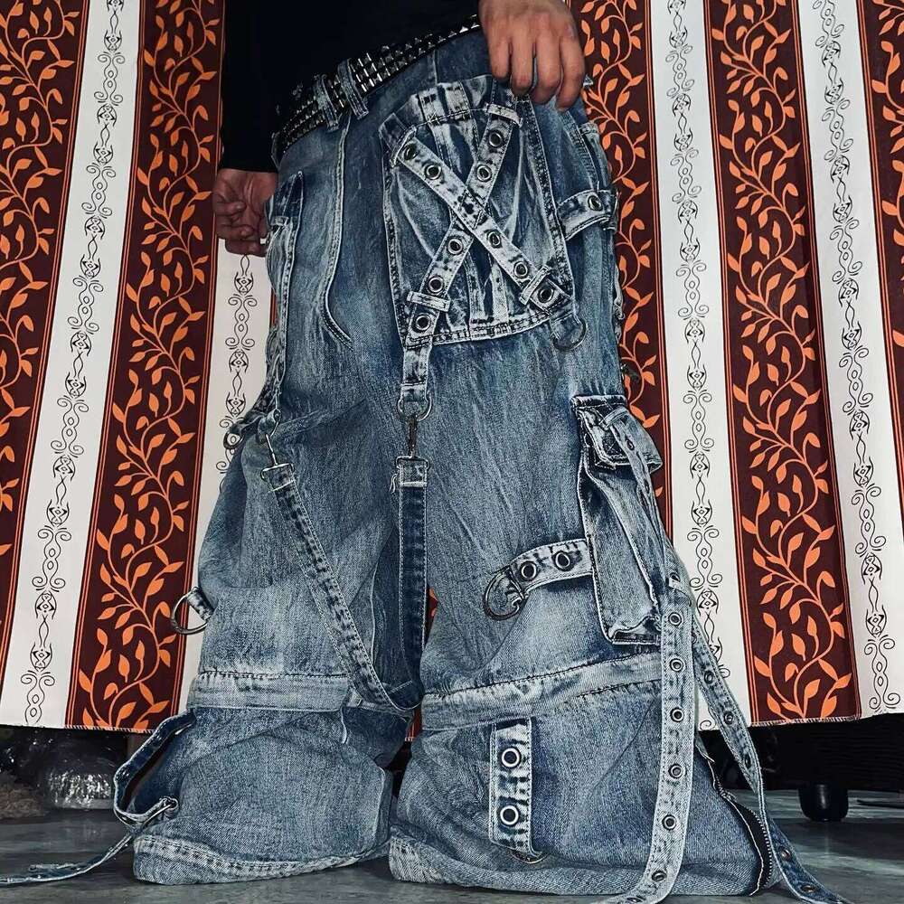 Retro Hip Hop Blue Y2k Cargo Pants with Large Pockets Zipper Baggy Straight Wide Leg Ripped Jeans Gothic Streetwear