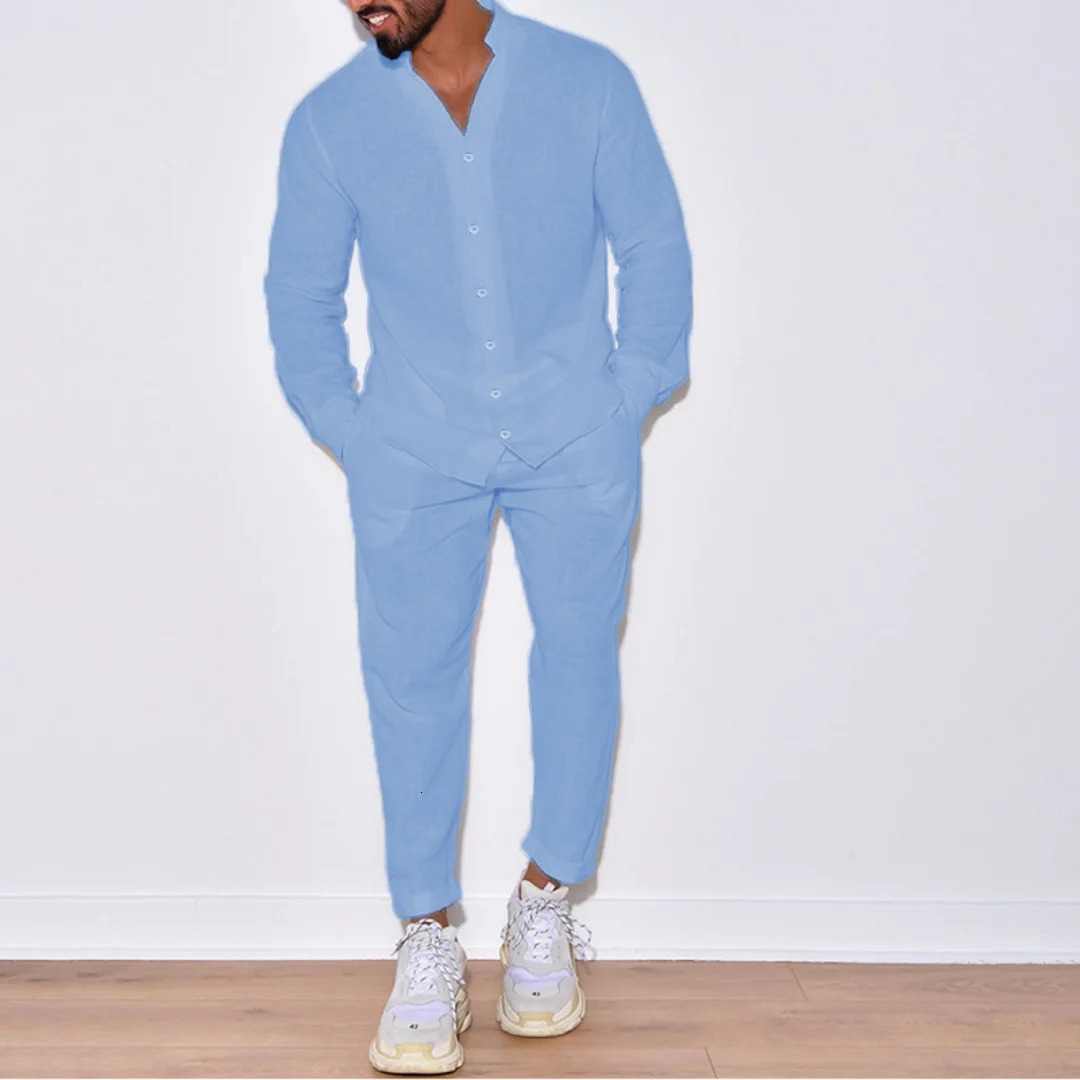 Autumn mens fashion casual linen suit long sleeve overalls single breasted solid color button suit 250619