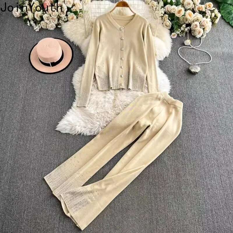 Pants Suit Vintage Two Piece Sets Womens Outfits Diamond Knitted Cardigan Coats High Waist Straight Wide Leg Pants Sets 63b188