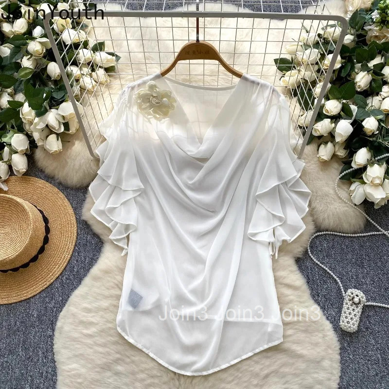 2025 Blusas Mujer De Moda Women Tops Summer Blouses 3D Floral Loose Shirts Ruffles Chiffon Blouse Thin Vintage Womens Clothing