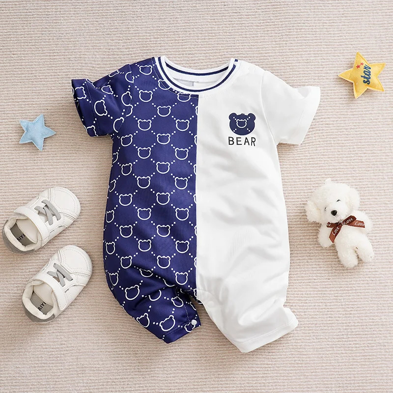 born Clothes Cute Cartoon Patchwork Teddy Bear Comfortable And Soft Summer Boys Girls 018 Short Sleeved Baby Jumpsuit 250619