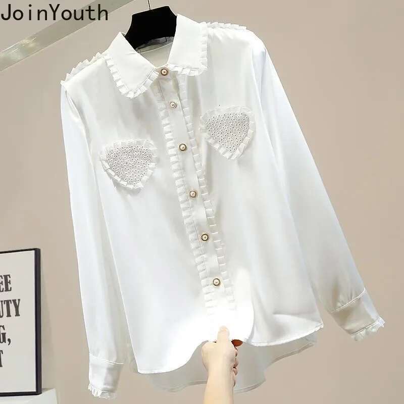 2025 Camisas De Mujer Peter Pan Collar Long Sleeve Blouse Women Clothes Beading Ruffles Shirts Vintage Loose Korean Blouses Tops