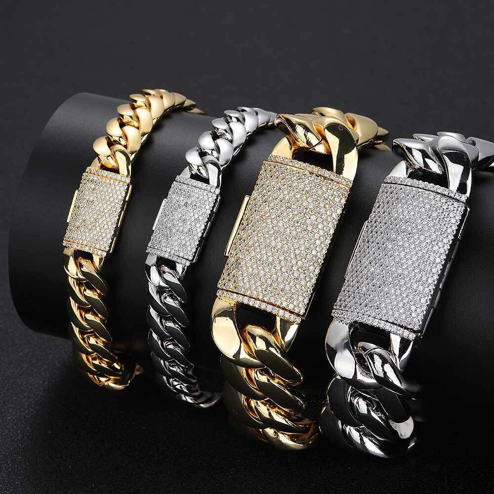 Hip Hop Jewelry Zircon Flip Buckle Smooth Cuban Necklace Accessories Gold Men's Bracelet 2606