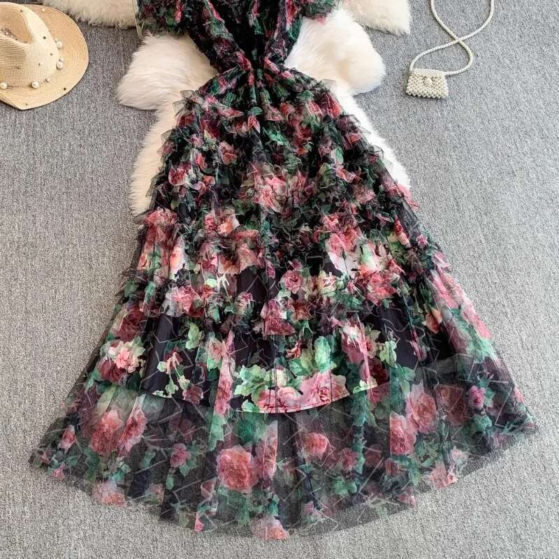 Temperament Robe Femme Summer Maxi Dresses Women 2025 Vestidos De Mujer Stand Neck Slim Waist Floral Folds Gauze Ruffles Dress