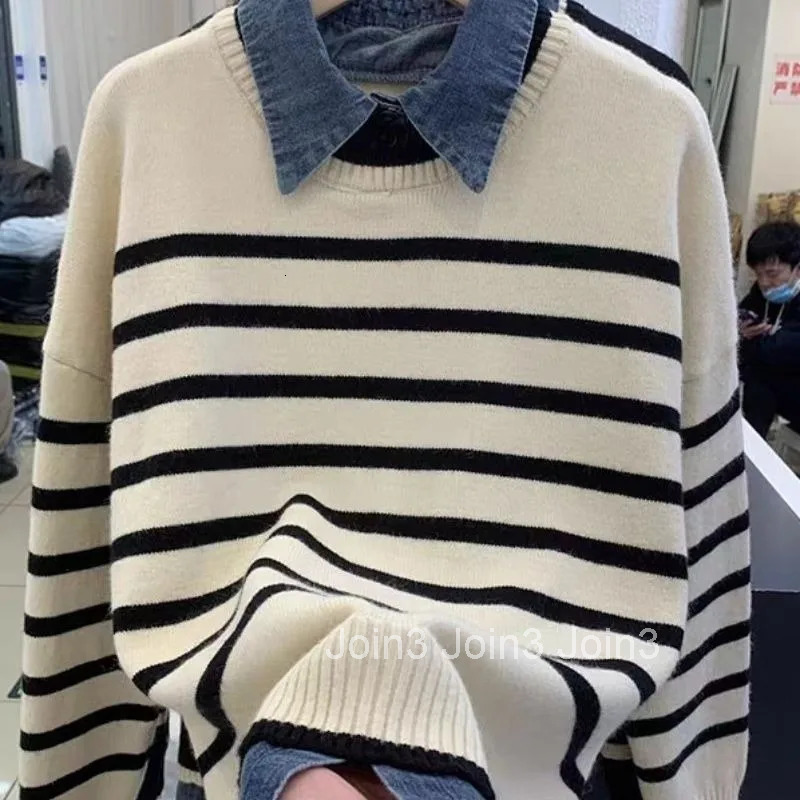 Japanese Patchwork Denim Jumper Fashion Pullovers Women Clothing Sueter Mujer Casual Striped Knitted Sweater Fake Two Y2k Tops