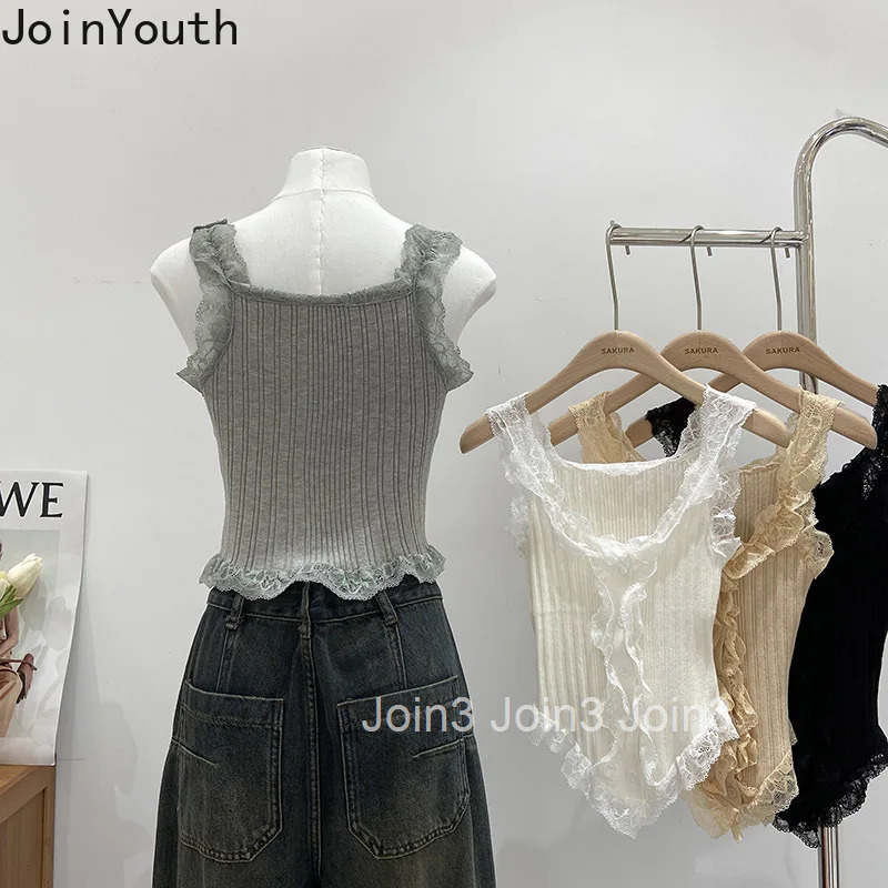 Sweet Crop Top Korean Tanks Womens Clothing Tunic Sleeveless Knitted Camis 2025 Ropa Mujer Patchwork Lace Fashion Sexy Vest