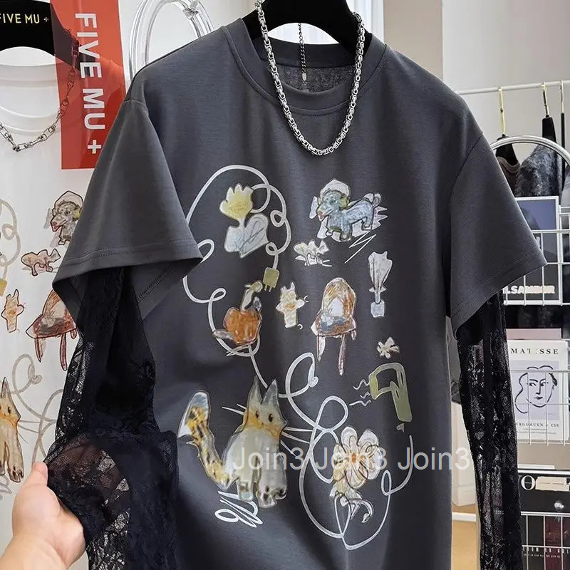 Korean Fake Two T Shirts Women Clothing Patchwork Lace Long Sleeve Tees Y2k Tops Cute Anime Oversized T-shirt 2025 Ropa Mujer