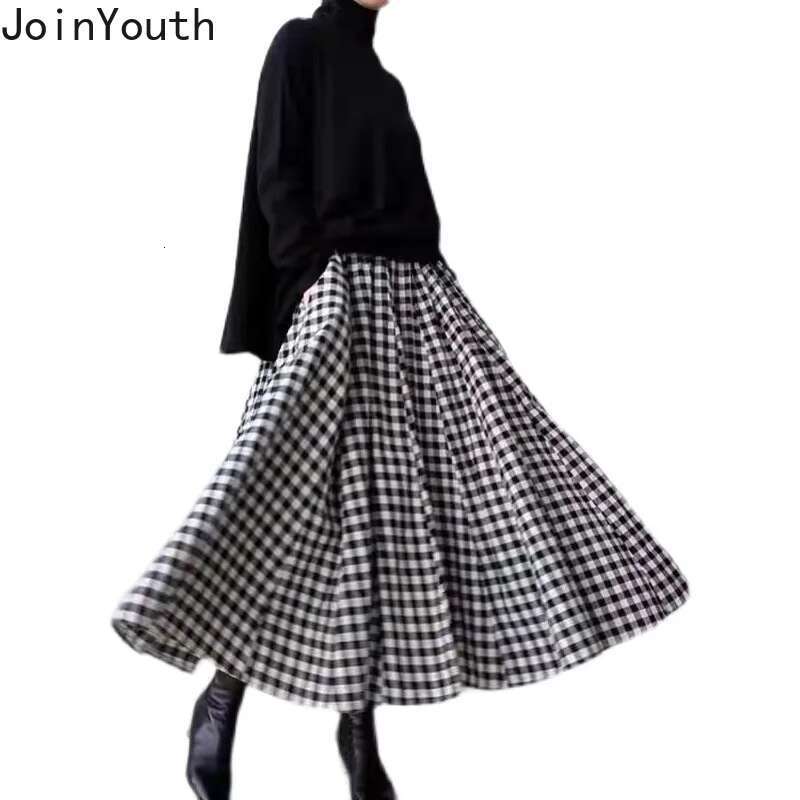 2025 Faldas Mujer De Moda Vintage Skirts Women Clothing High Waist A-line Jupe Fashion Plaid Loose Saia Korean Long Skirt 7L770