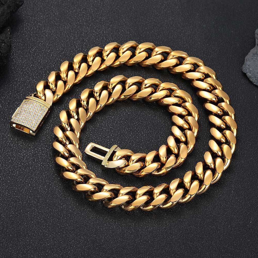 Stainless Steel Jewelry Men Zircon Flip Clasp Miami Hip Hop Cuban Chain Men's Necklace 235f