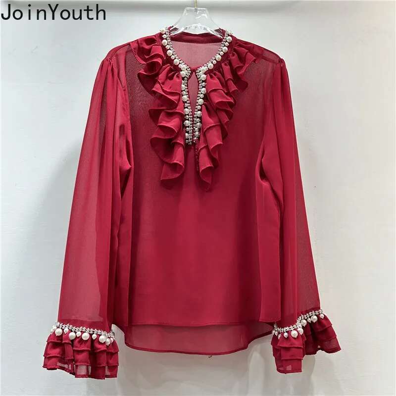Temperament Lady Tops White Blouses for Women 2025 Camisas De Mujer Heavy Beading Hollow Out Ruffles Loose Chiffon Shirts 7p132