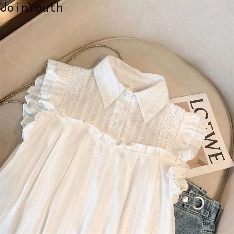 Summer Blouse Women Sleeveless Sweet Ruffles White Shirts 2025 Blusas Mujer De Moda Korean Fashion Loose Vintage Blouses Tops
