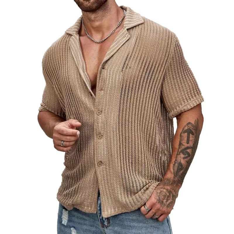Summer Knitted Mens Polo Shirts Slim Button Lapel Short Sleeve Cardigan Tee Men Polos Fashion Solid Color Hollow Breathable Top 250619