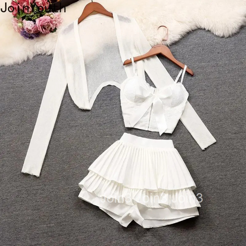 3 Piece Sets Womens Outfits Fashion Summer Skirt Suit Long Sleeve Crop Coat Lace Sexy Vest High Waist Pleated Mini Skirts Set